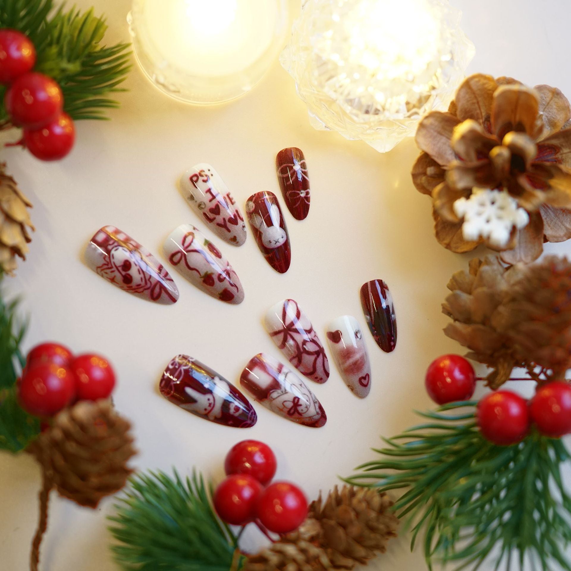 Wholesale 24 Pieces/ box Christmas Red Bud Rabbit Nails Kits Nail Stickers