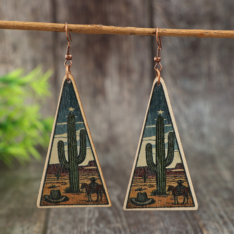 Wholesale Retro Western Style Triangular Wooden Earrings Desert Cactus Horse Sunset Print Boutique Resale