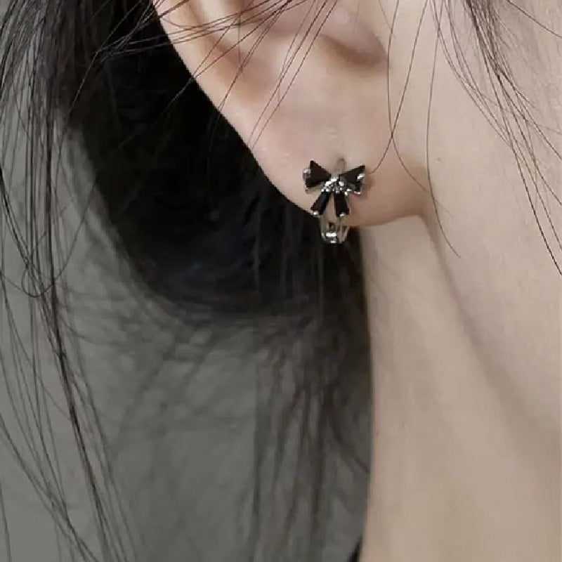 Wholesale Black Zircon Bow Earrings Simple Niche Design Trendy Fashion Accessory for Party Wear