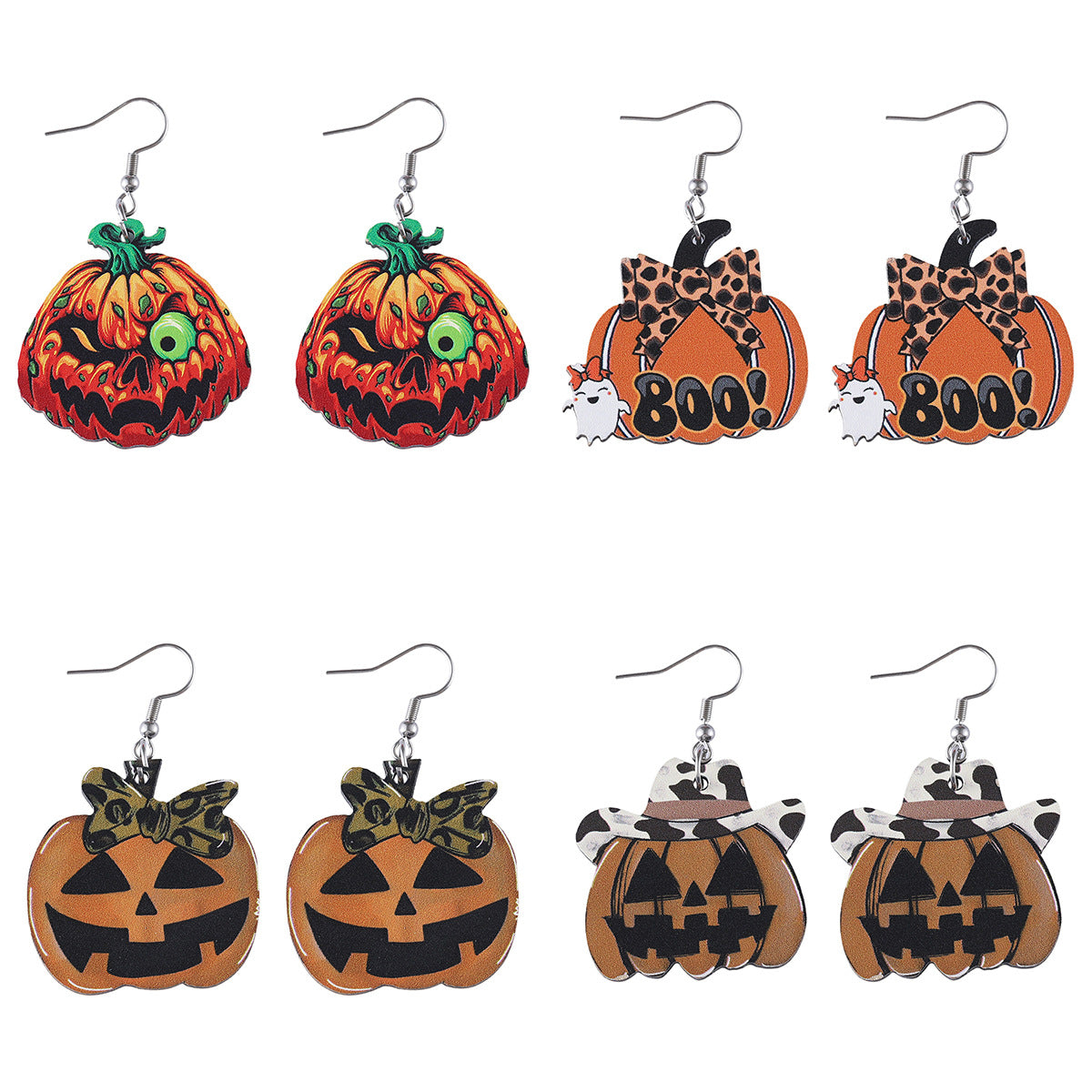 Wholesale Halloween Western Style Ghost Face Pumpkin Pendant Earrings Wood Earrings Goth Theme Double-sided Earrings ACC-ES-ChuLian034