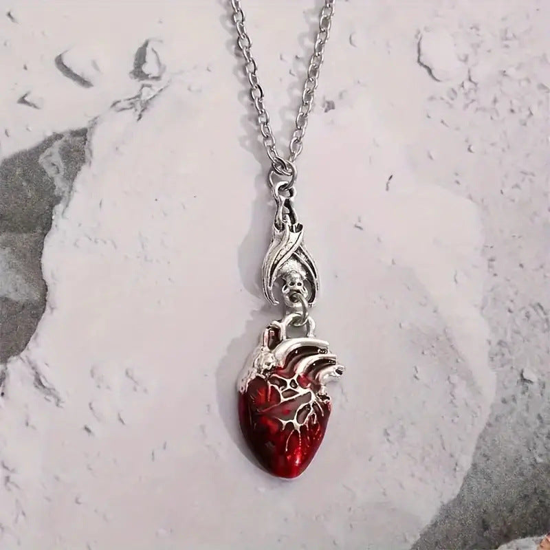 Wholesale Bohemian Bat Heart Pendant Necklace Alloy Red Fashion Accessory for Gift and Everyday Wear