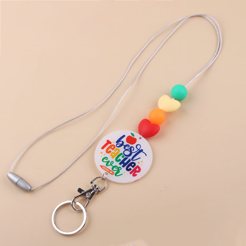 Wholesale Teacher Rainbow Necklace Pendant Cartoon Silicone Beaded Keychain Lanyard Keychain Teacher's Day Bulk Keychains ACC-KC-GuangTian043