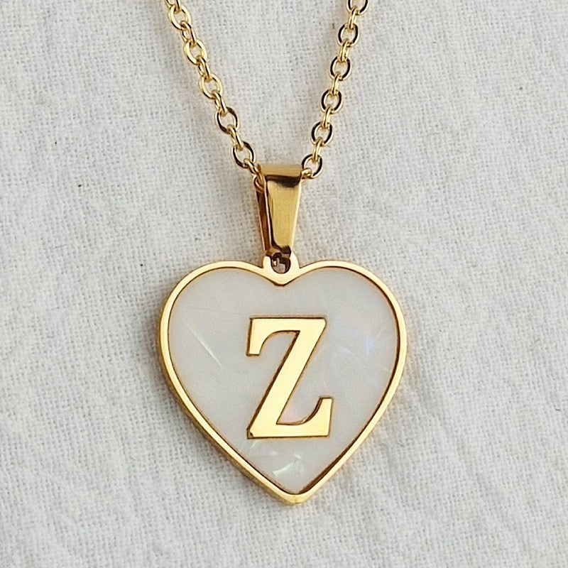 Wholesale 26 English Letters Heart Inlaid Shell Titanium Steel Necklace ACC-NE-DingChao002