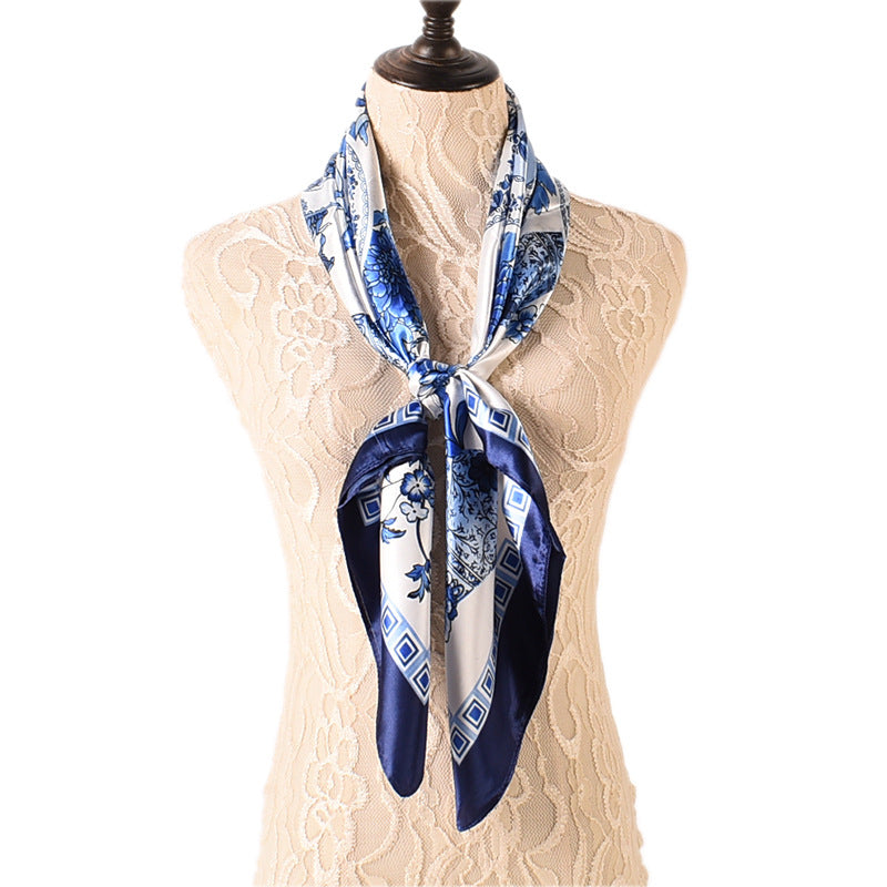 Wholesale  Blue and White Porcelain Pattern 90* 90 Satin Large Square Scarf