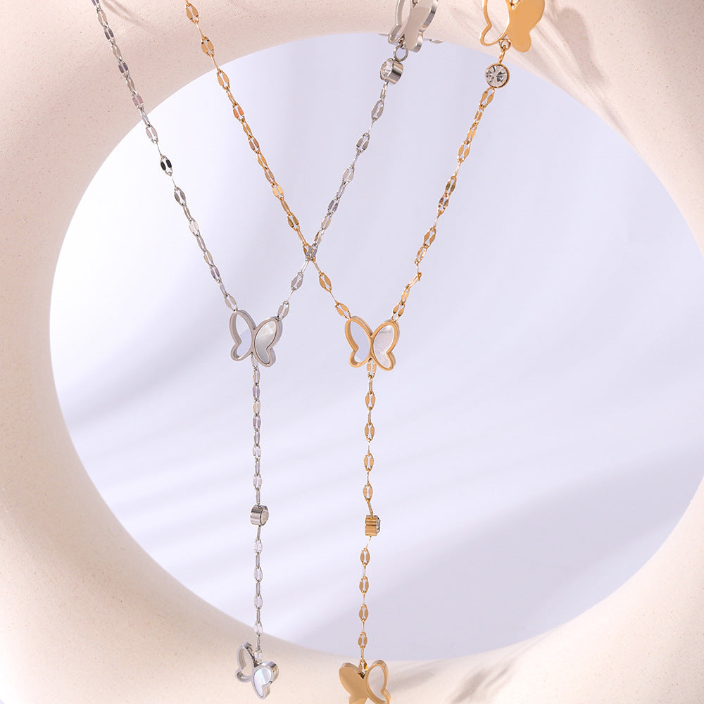 Wholesale  Stainless steel Butterfly Inlaid White Shellfish Necklace Long Tail Chain