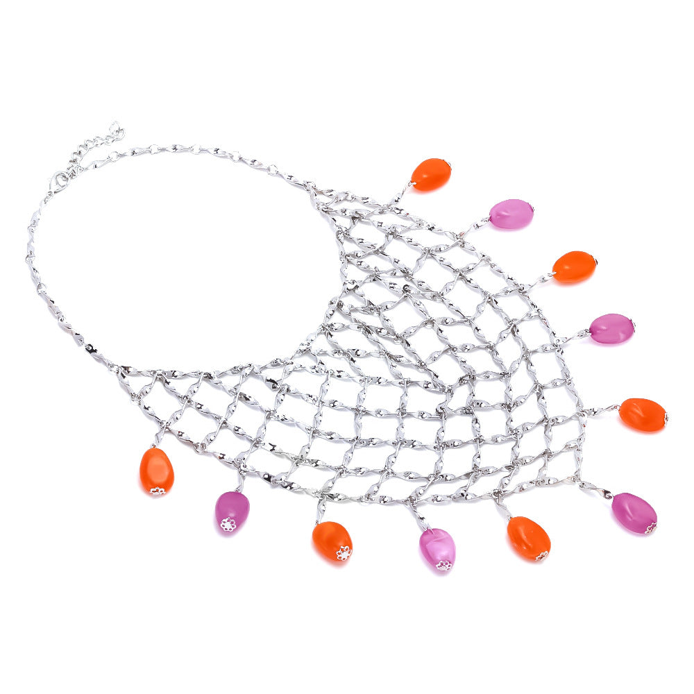 Wholesale Ocean Style Hand-Woven Metal Mesh Colorful Bead Pendant Necklace