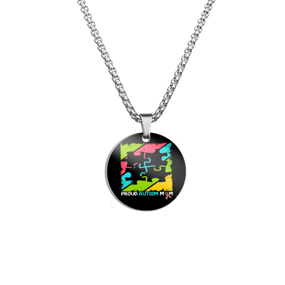 Wholesale Autism MOM Color Printed Pendant Stainless Steel Necklace Mother's Day ACC-NE-HuanYu002