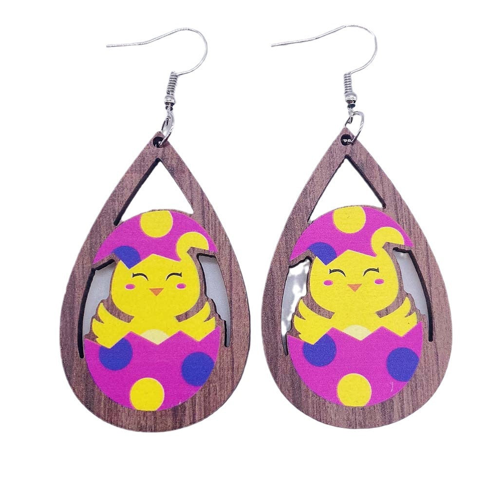 Wholesale Easter Egg Dwarf Rabbit Water Drop Hollow Wooden Earrings ACC-ES-CY003
