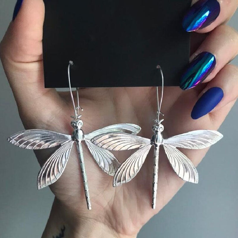 Wholesale Creative new insect dragonfly long earrings metal inlaid moonstone earrings