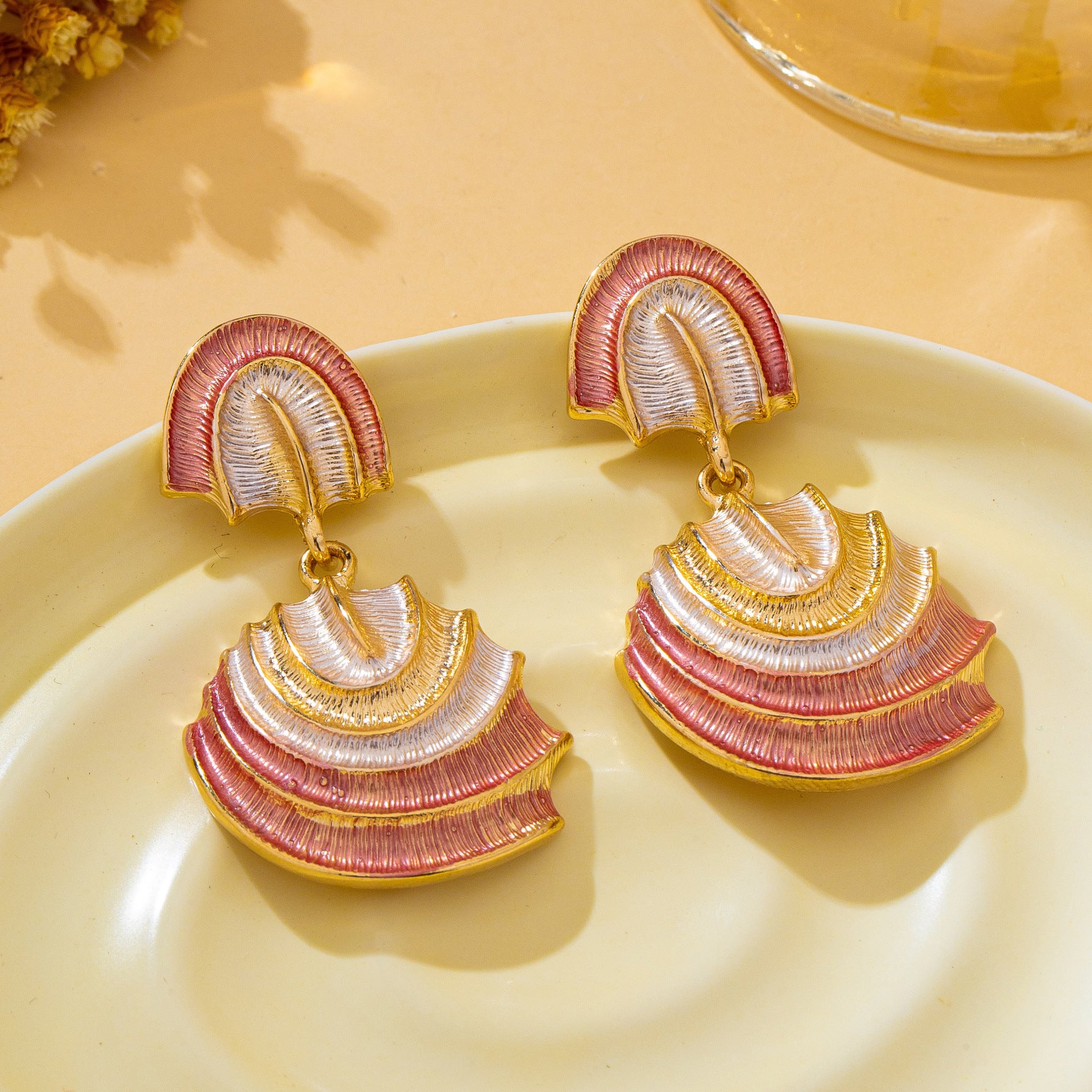 Wholesale Retro Fan Shaped Layered Drop Earrings For Women Ethnic Geometric Style Blue Electroplated Zinc Alloy Fashion Accessory Gift