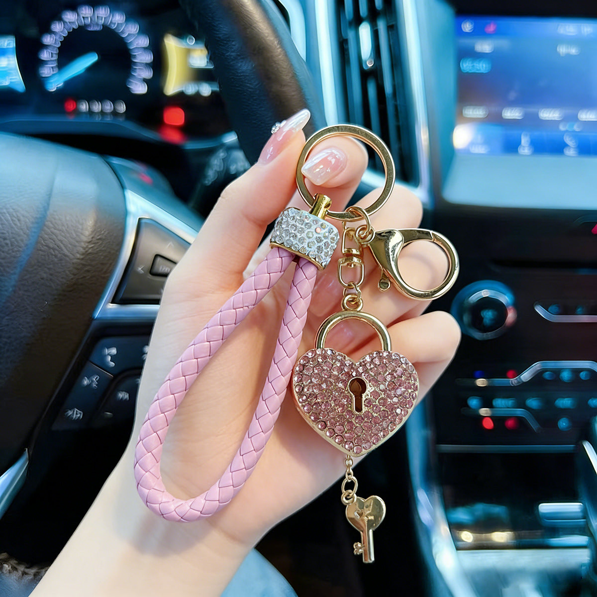 Wholesale Cute Heart Rhinestone Keychain,  Alloy Key Ring with Braided Rope,  Decorative Accessory for Bags