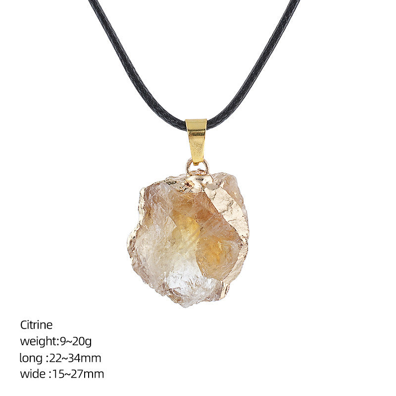 Wholesale Natural Crystal Raw Stone Pendant Necklace with Leather Rope Chain Irregular Hand-Hammered Electroplated Fashion Jewelry
