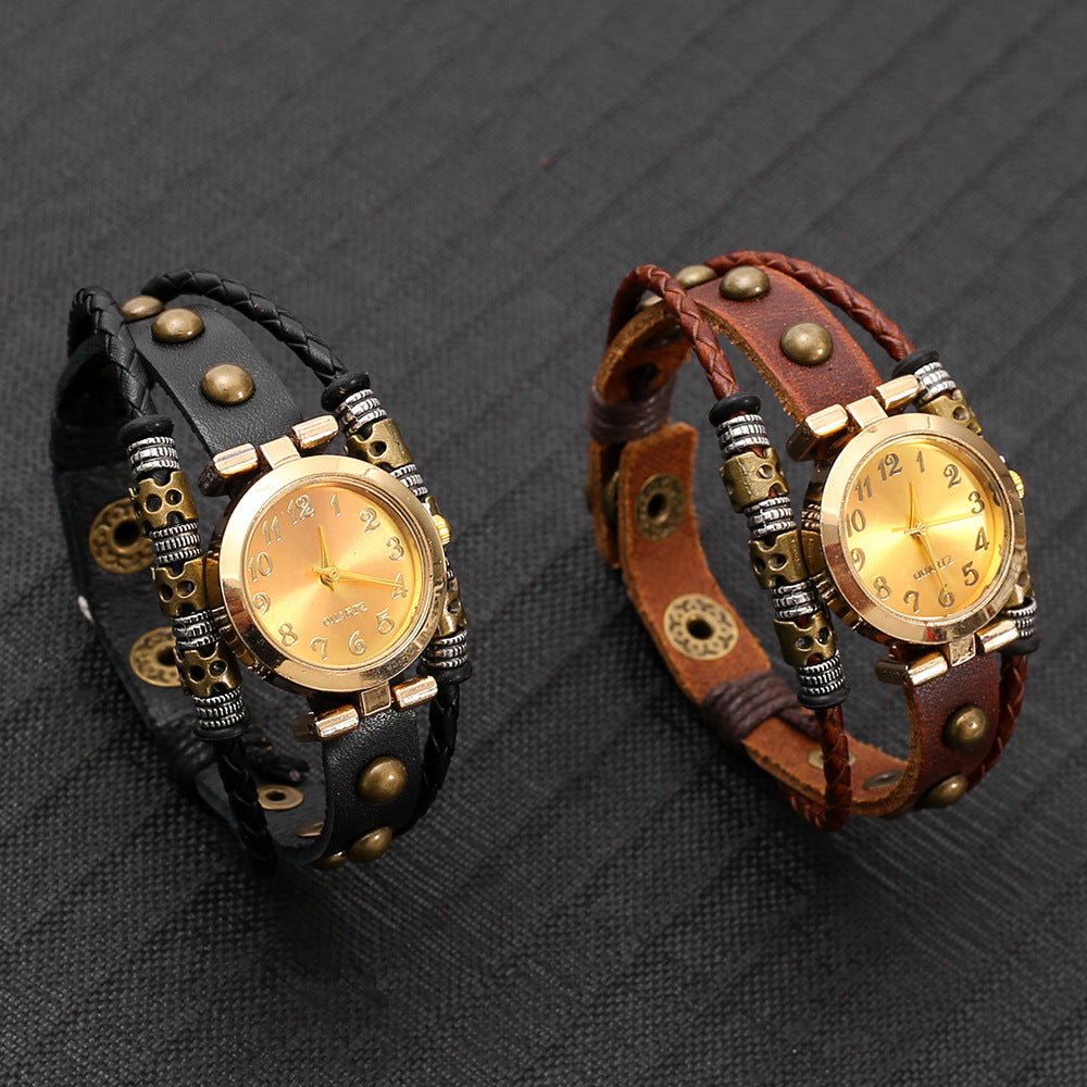 Wholesale Faux Leather Bracelet Watch For Women Multi Layer Woven Rivet Retro Punk Style Fashion Accessory Boutique Resale Gift