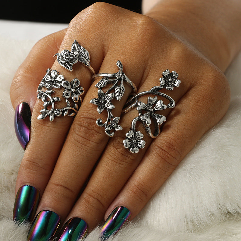 Wholesale Zinc Alloy Vintage Floral Vine Ring Set Ancient Silver Butterfly Design Everyday Fashion Jewelry Accessory