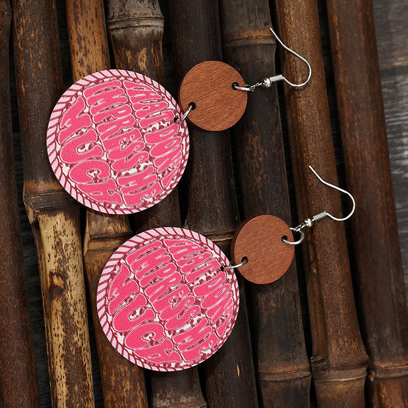 Wholesale Western-Style Round Pink Leather Earrings with Letters