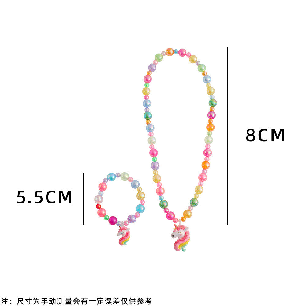 Wholesale Cartoon Unicorn Girl Jewelry Set Color Beaded Bracelet Necklace