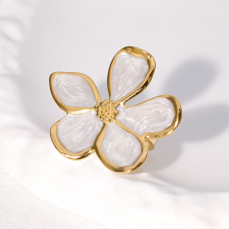 Wholesale Retro French Style Enamel Flower Stainless Steel Open Ring For Women Fashion Jewelry Accessory Everyday Wear Gift