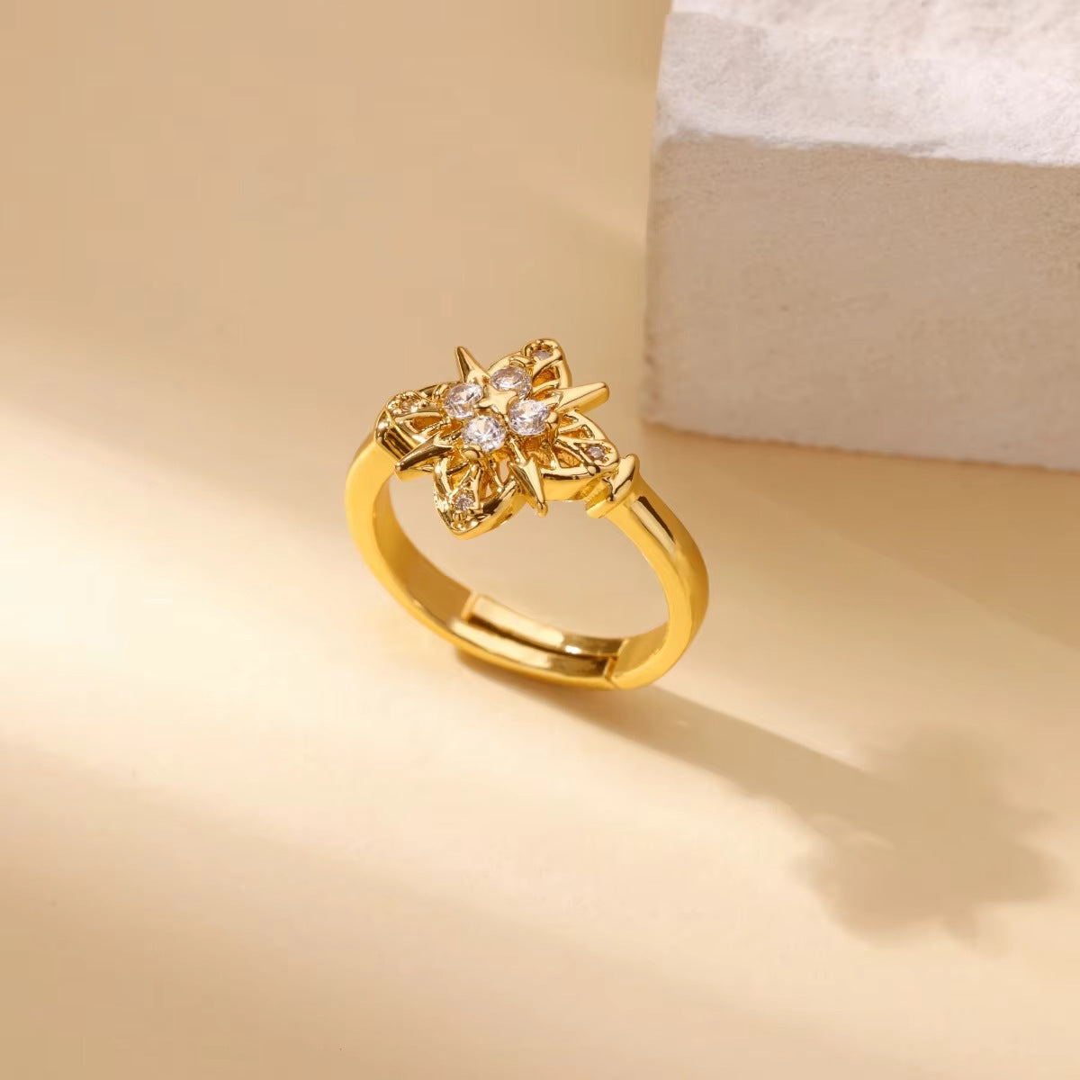 Wholesale Stainless steel zircon adjustable heart flower and butterfly ring