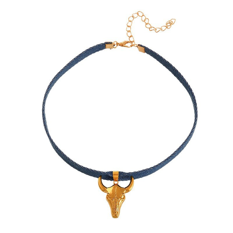 Wholesale retro gothic short velvet bull head pendant necklace