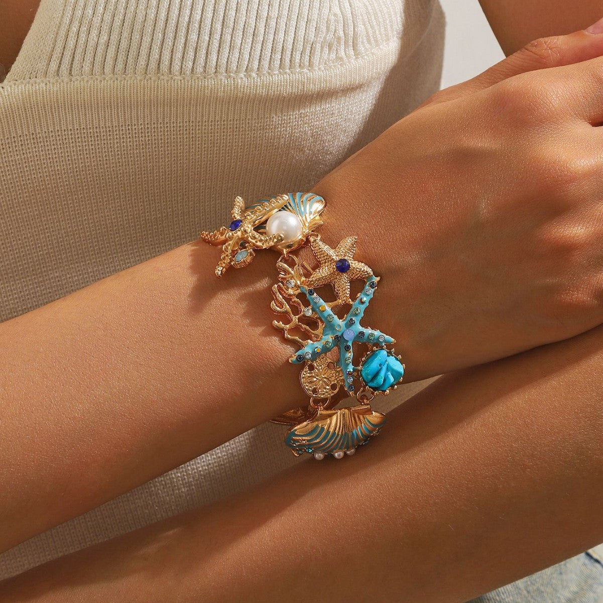 Wholesale Alloy rhinestone ocean starfish coral shell anchor diamond anklet