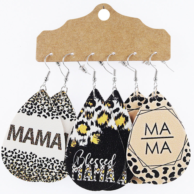 Wholesale Mother's Day Teardrop Shape Leather Floral Earrings Cow Pattern Set ACC-ES-Mijun004