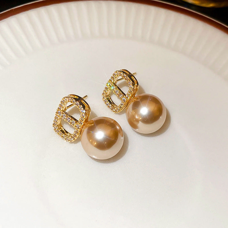 Wholesale  Silver Needle Zircon Pig Nose Pearl Earrings