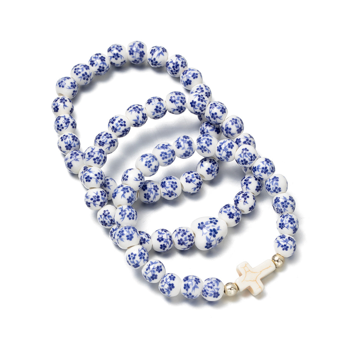 Wholesale Turquoise Cross Ceramic Heart-Shaped Pearl Beaded Stretch Bracelet