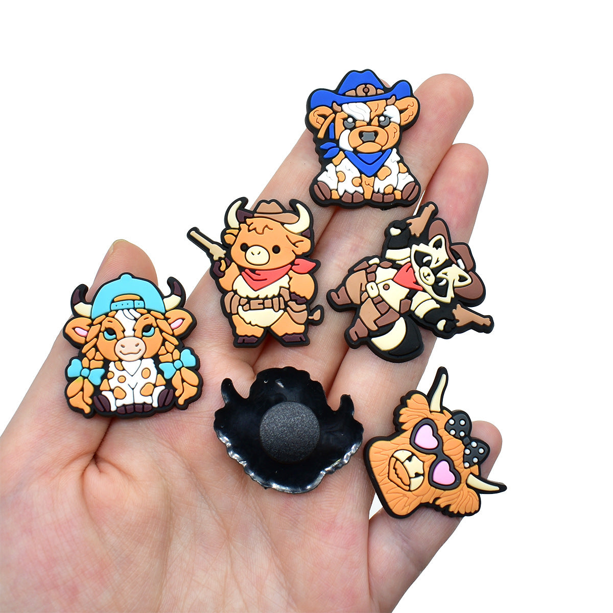 Wholesale  Random 100pcs Creative Cartoon Highland Cow Denim Series PVC Soft Rubber Shoe Buckle Decoration
