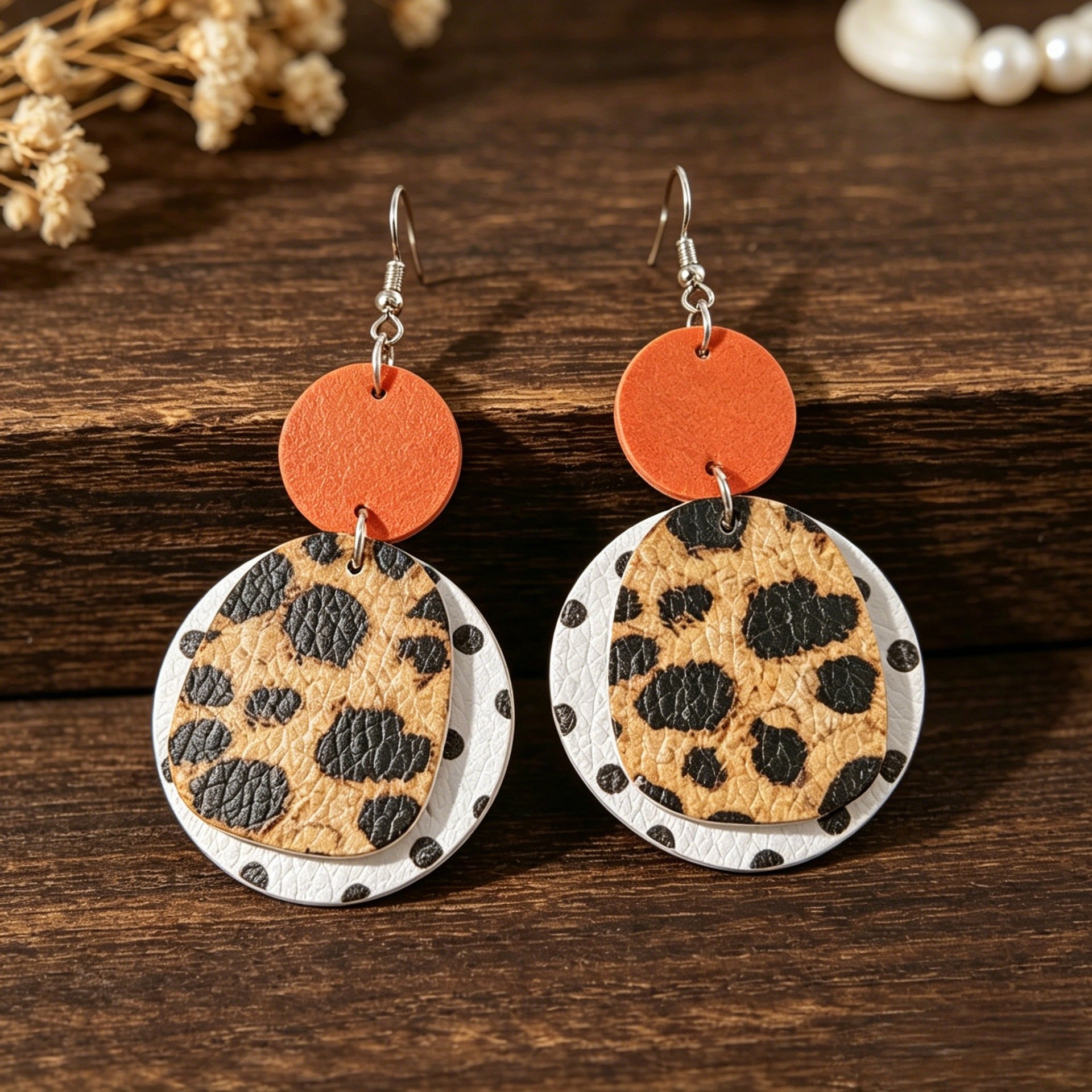 Wholesale Orange Polka Dot Leopard Print Leather Earrings Retro Style Jewelry Accessory