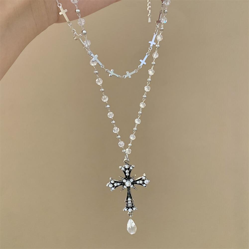Wholesale Electroplated Zinc Alloy Dark Cross Pendant Layered Necklace For Women Trendy Gothic Fashion Accessory Boutique Resale Jewelry