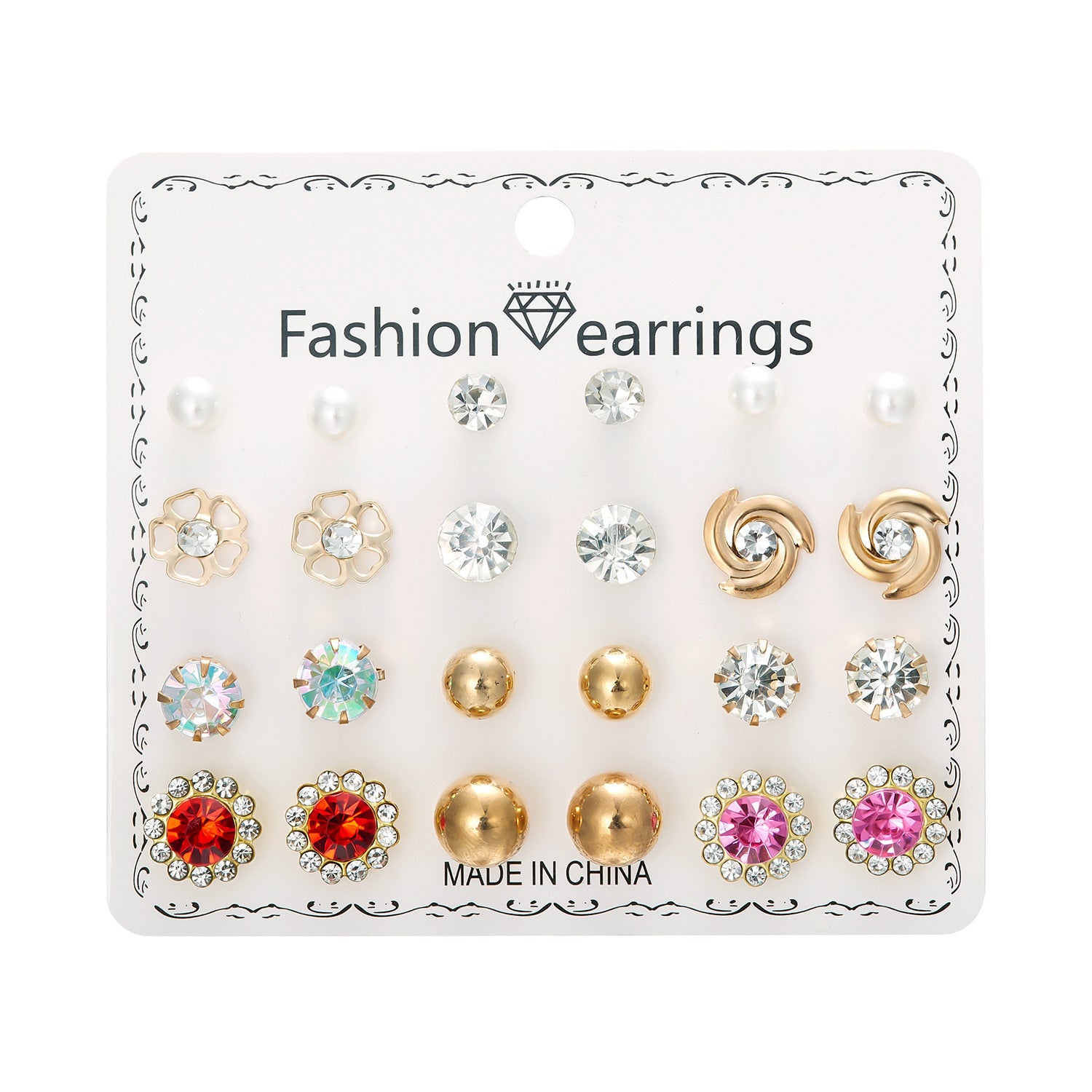 Wholesale month combination earrings 12 pairs of flowers love stars and moon diamond  earrings suit