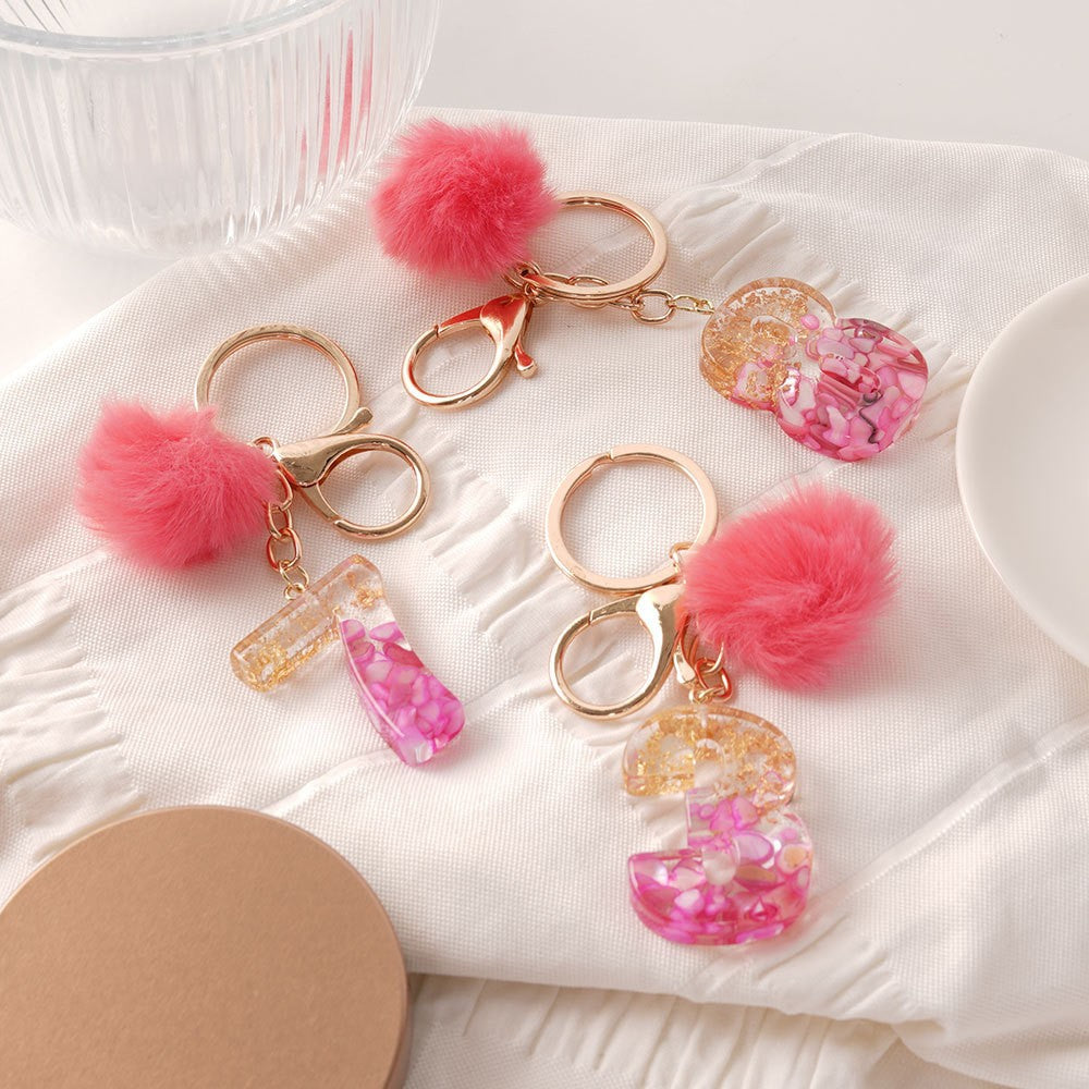 Wholesale Creative and Cute Red Fur Ball Letter Shell Handmade Glue Keychain Exquisite Pendant