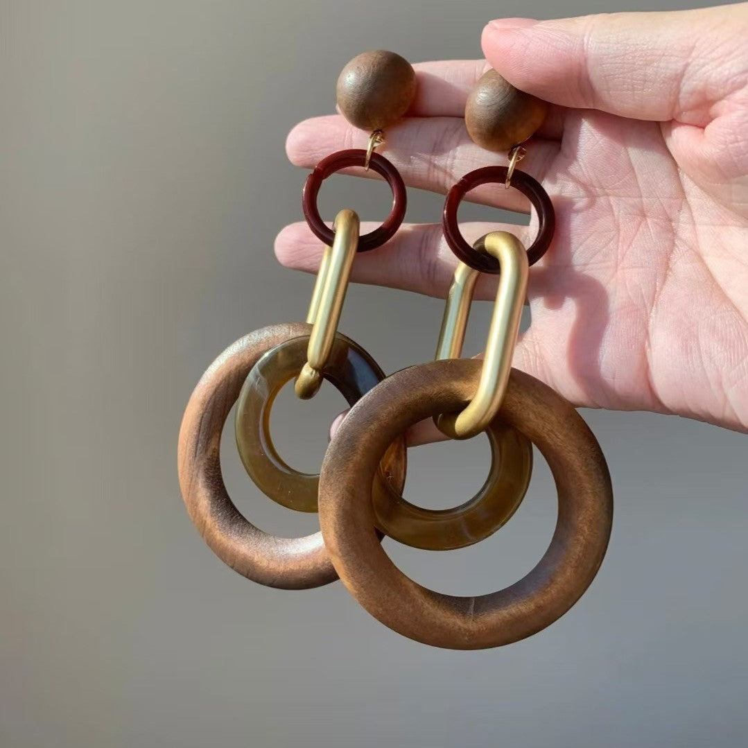 Wholesale Retro Geometric Color-Block Wooden Hoop Earrings for Women Party Wear