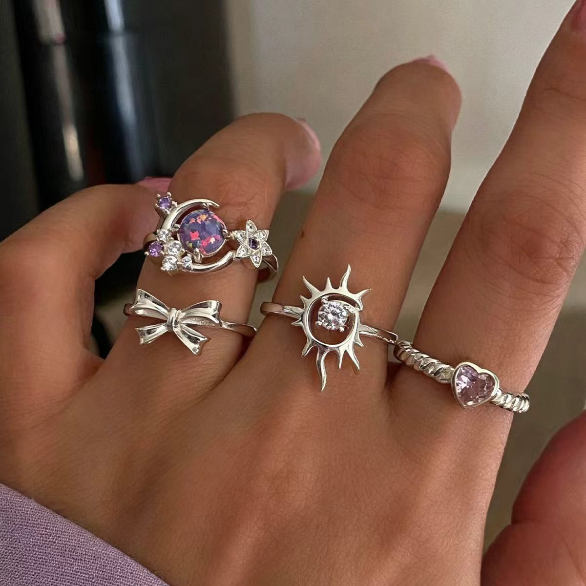 Wholesale Purple Sun Moon Knuckle Ring Set Trendy Fashion Jewelry Accessory Gift