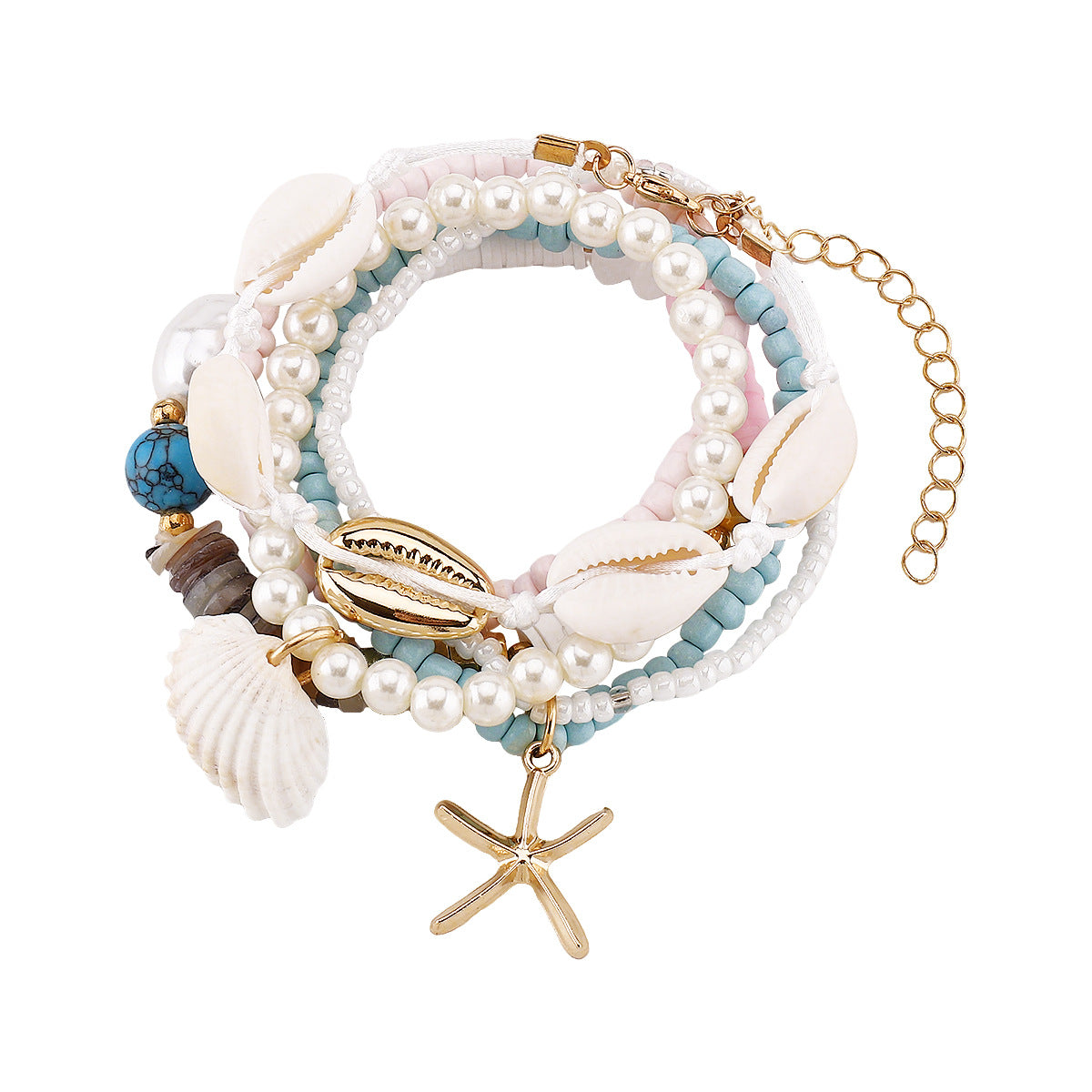 Wholesale Bohemian Ocean Style Shell Starfish Pendant Pearl Rice Beads Handmade Beaded Bracelet suit