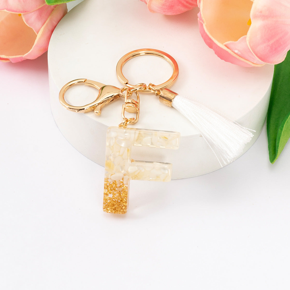 Wholesale Gold Foil New Resin Crystal Glue White Tassel Color English Digital Keychain