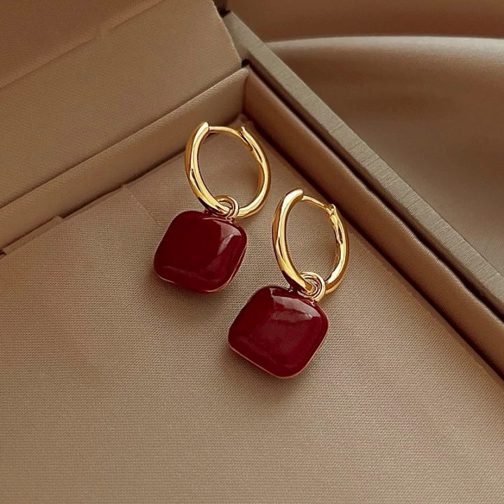 Wholesale red ear clip drip glaze square earrings