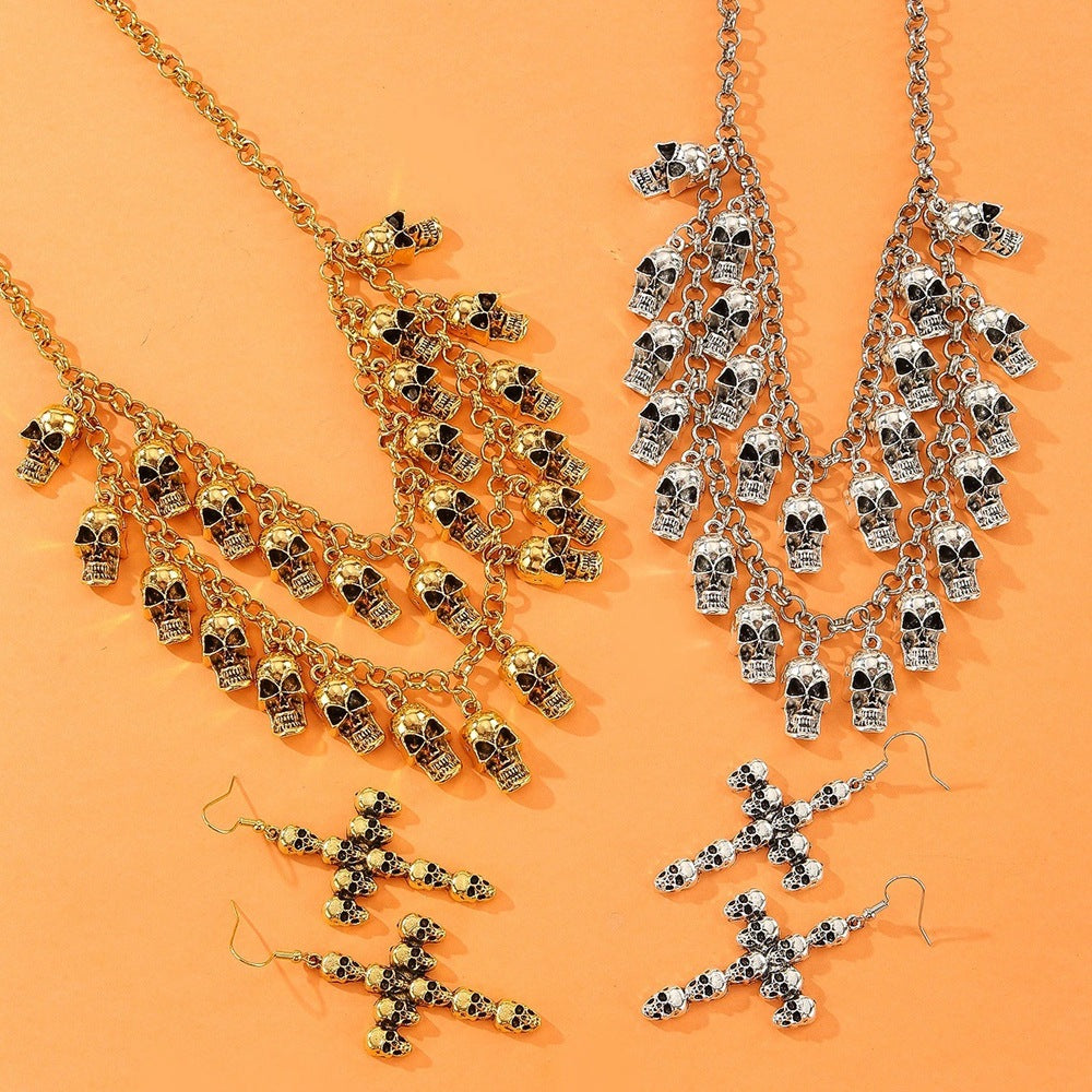 Wholesale Alloy Skull Fringe Necklace and Earrings Set  Gothic Jewelry for Party