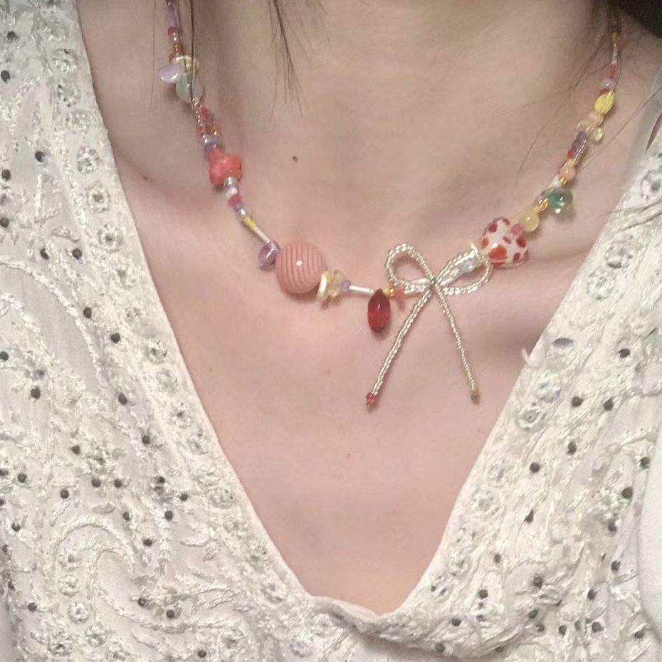 Wholesale Sweet Summer Colorful Beaded Bow Necklace