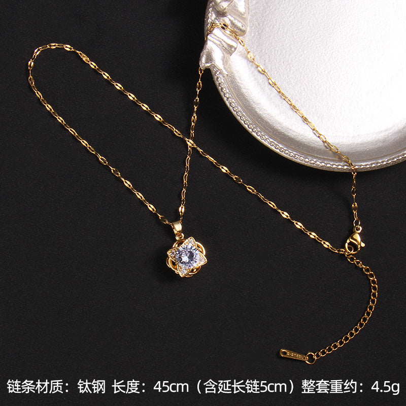 Wholesale Zircon Rotating Four Leaf Clover Flower Pendant Titanium Steel Necklace ACC-NE-Rongc006