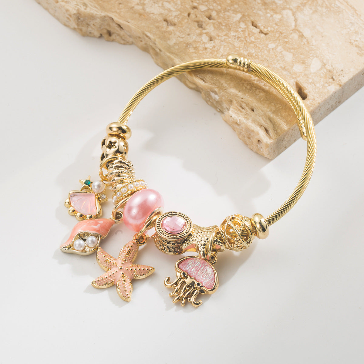 Wholesale Ocean Themed Alloy Charm Bracelet Pink Zircon Starfish Jellyfish Design Jewelry Gift For Women