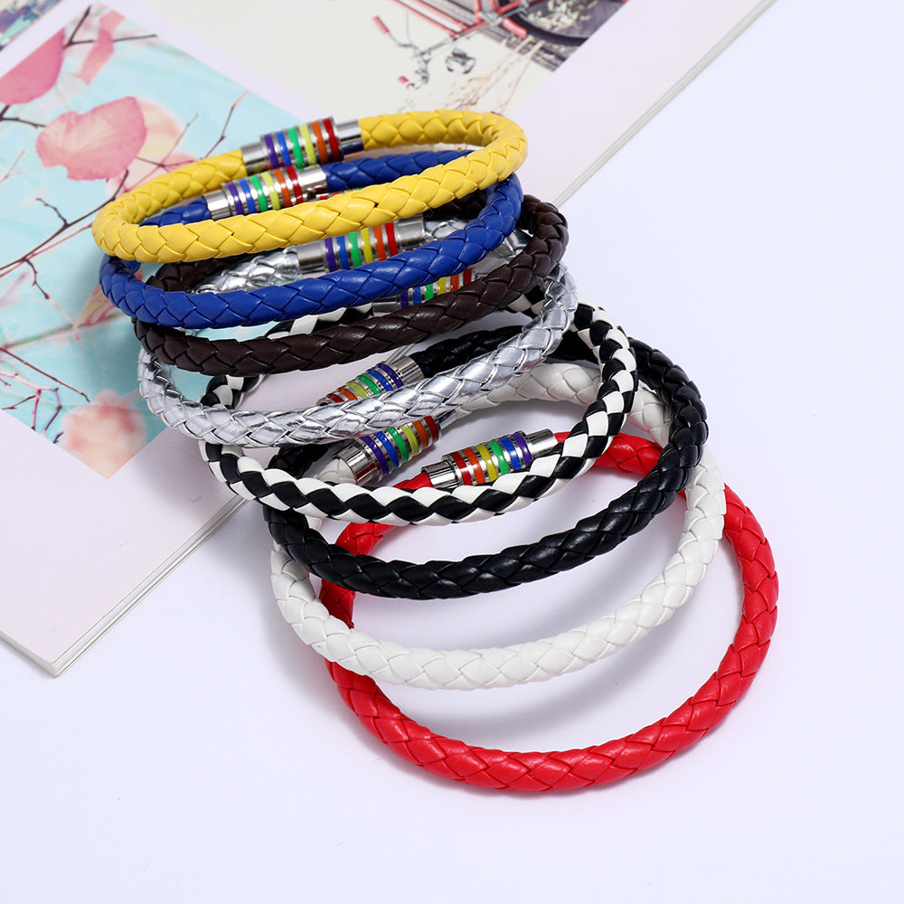 Wholesale Gay Braided Cowhide Bracelet Rainbow Colorful Magnetic Buckle Bracelet Miyuki ACC-BT-Saih011