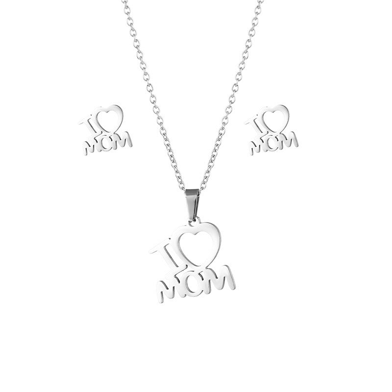 Wholesale I Love MAMA Mother's Day Stainless Steel Earrings Necklace Set ACC-ES-MinM012