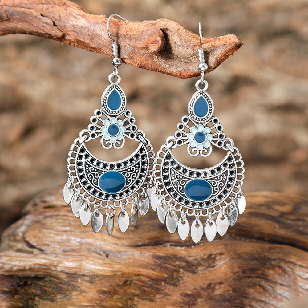 Wholesale Zinc Alloy Retro Ethnic Tassel Earrings with Geometric Pattern,  Fashion Accessory Gift