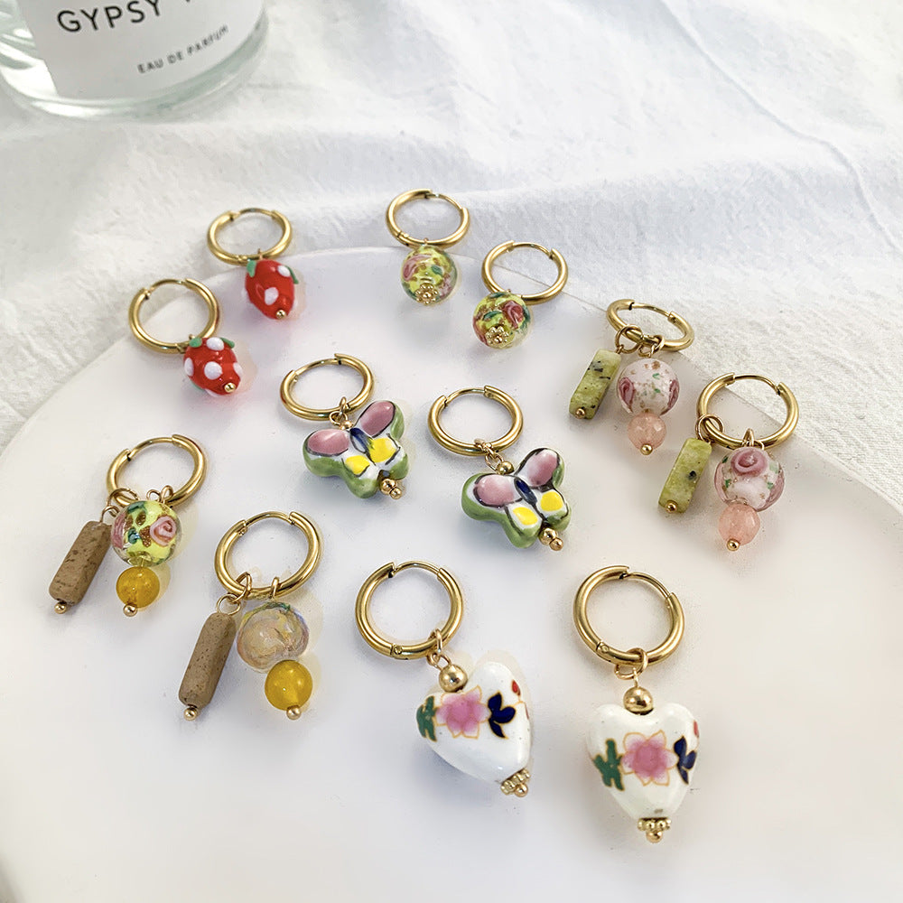 Wholesale Blue and White Porcelain Stainless Steel Colored Enamel Oil Earrings