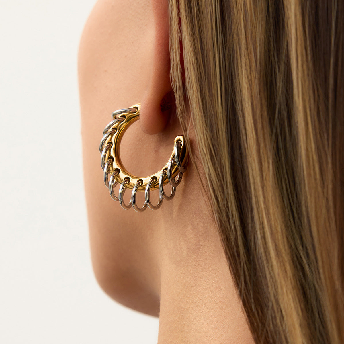 Wholesale Stainless steel  18K gold-plated C- shaped ring circle tassel earrings