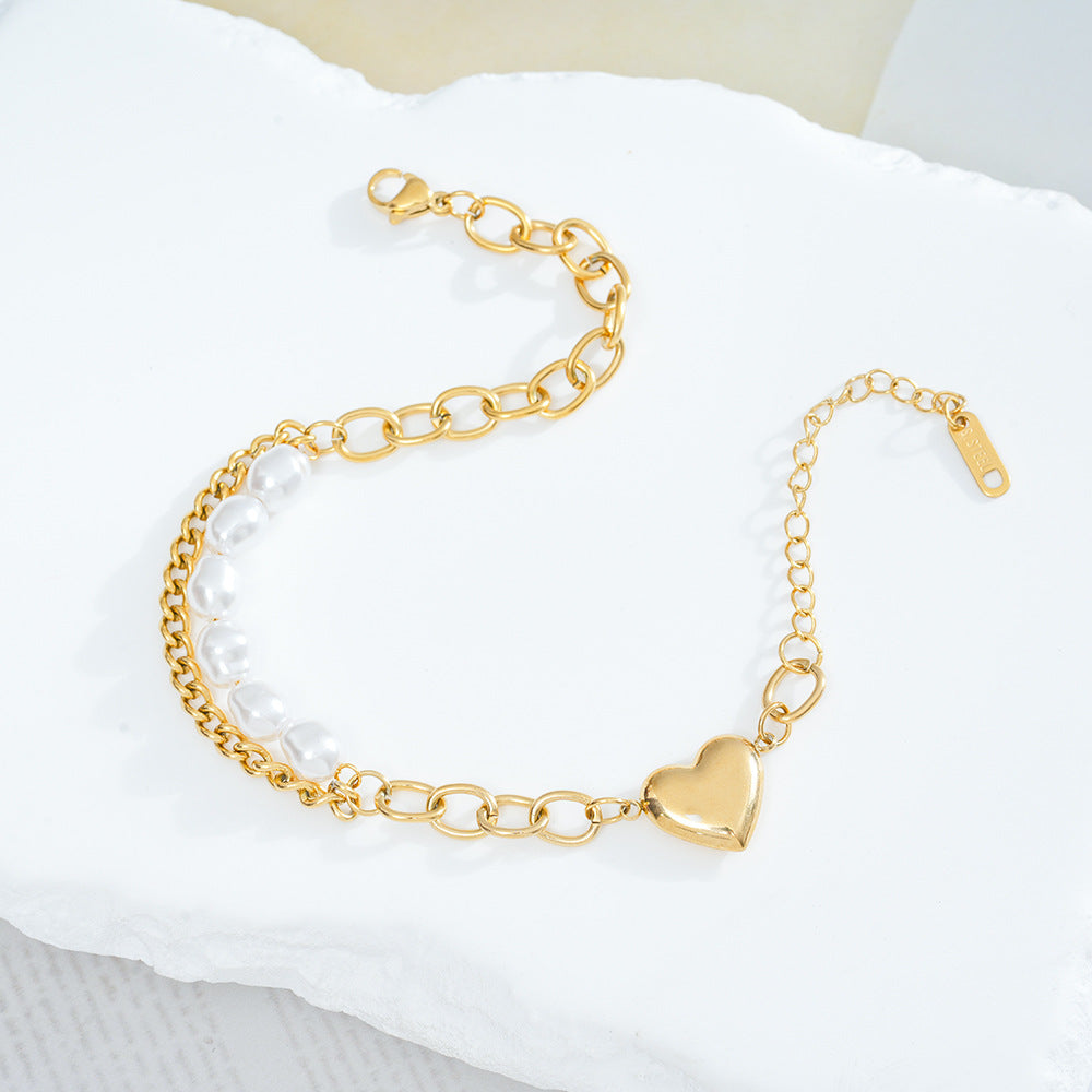 Wholesale Stylish Titanium Steel Pearl Heart Bracelet Electroplated Finish Boutique Resale Jewelry