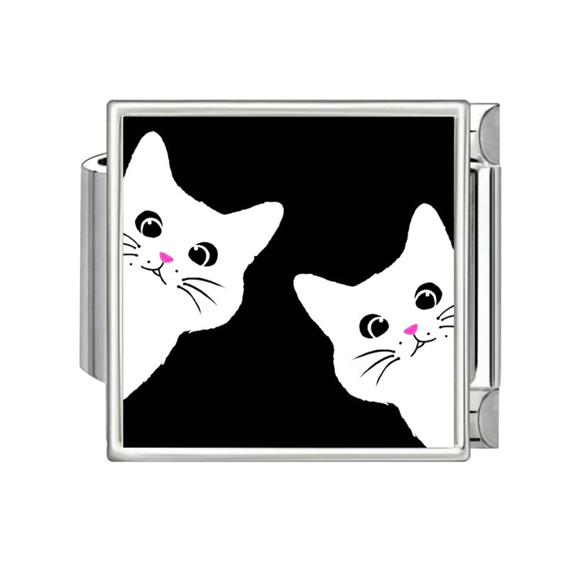 Wholesale Italian-Style Black and White Cat &  Star Patchwork Bracelet Stainless Steel DIY Jewelry Accessory