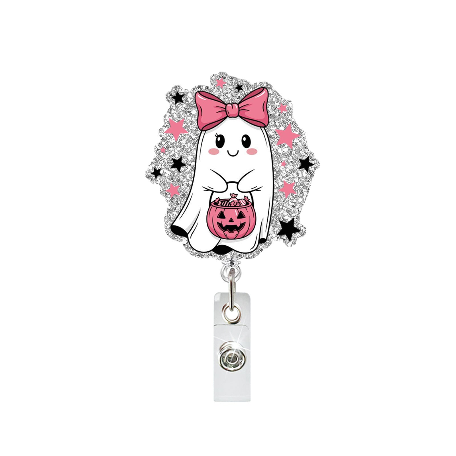 Wholesale Acrylic Pink Ghost Retractable Badge Holder  ID Badge Reel Fashion Accessory
