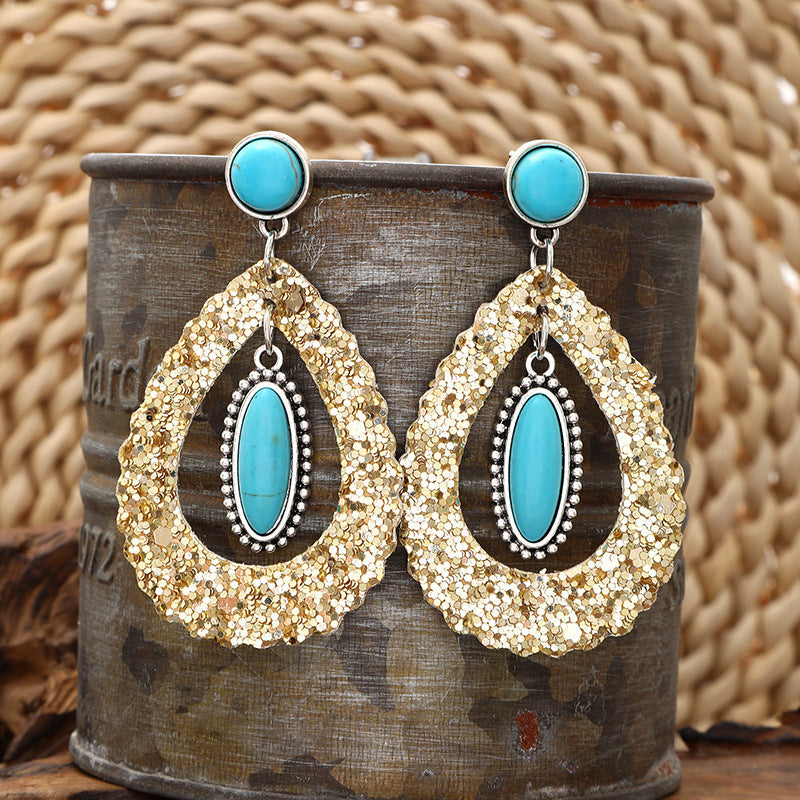 Wholesale  Super Flash Sequin Hollow Drop Natural Turquoise Leather Earrings
